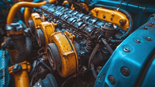 Close-up of a weathered, powerful engine with yellow and blue components. photo