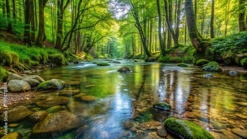 A babbling brook runs through the heart of the forest creating a soothing melody with crystal clear water, serenity, water flow, foliage, vegetation