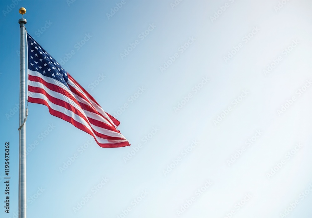 Obraz premium United states flag waving proudly in clear blue sky, representing freedom and patriotism