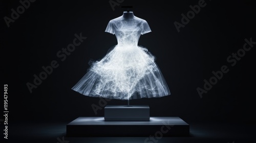 Ethereal light dress floating in dark minimalist gallery space