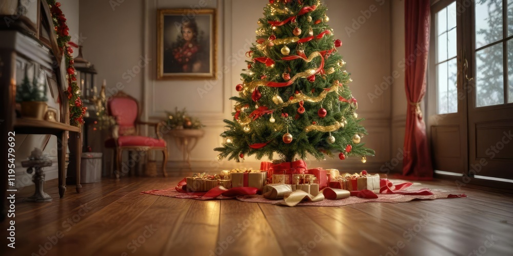 A beautifully decorated Christmas tree sits on a wooden floor with golden accents and crimson ribbons, garlands, tree, red A beautifully decorated Christmas tree sits on a wooden floor with golden accents and crimson ribbons, garlands, tree, red