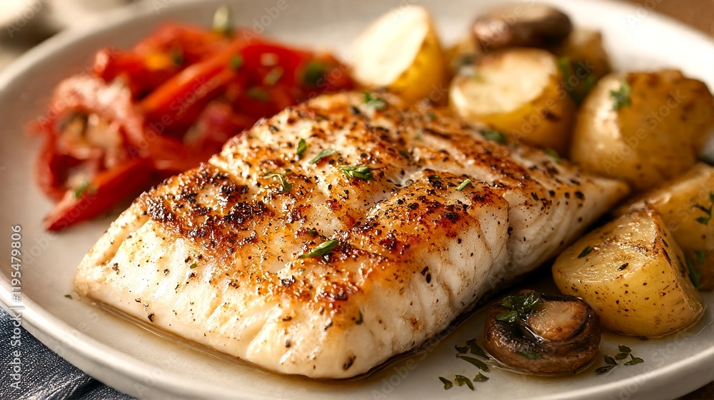 Grilled fish with roasted potatoes and red peppers. Grilled fish with roasted potatoes and red peppers.