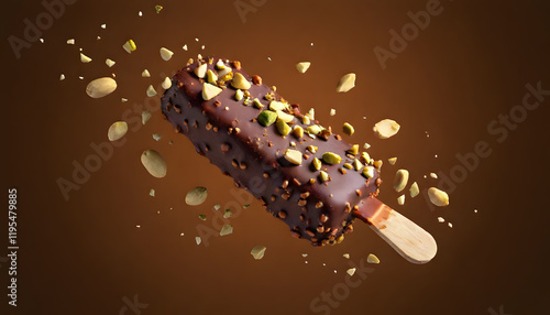 chocolate bar ice cream floating in air with splash of chocolate and crushed nuts all around it like professional ad shot