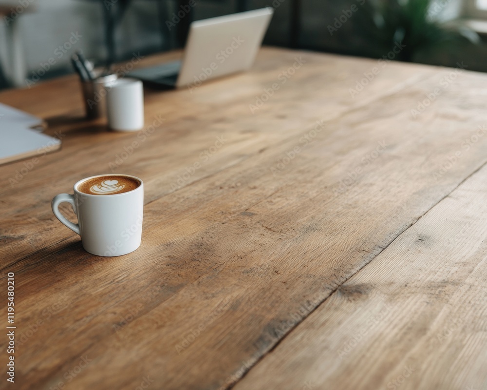 Morning Coffee Break in Minimalist Workspace with Wooden Table Surface Morning Coffee Break in Minimalist Workspace with Wooden Table Surface