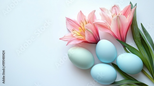 Beautiful pink lilies and pastel blue eggs arranged on a light background for a spring celebration