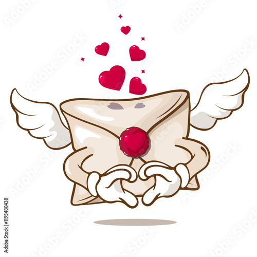 love letter with wings, cartoon groovy character,Valentine's Day sticker