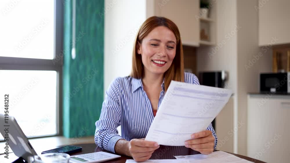 Happy woman overseeing her home finances Happy woman overseeing her home finances