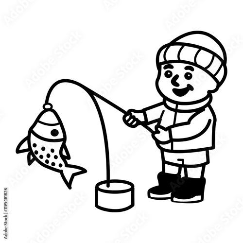 A doodle icon of a character doing winter fishing