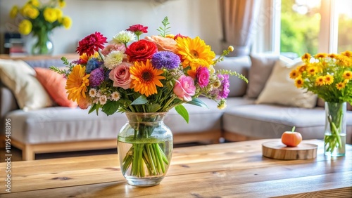 Wallpaper Mural A bouquet of colorful flowers arranged in a vase on a wooden table in a cozy living room, indoor, vibrant Torontodigital.ca
