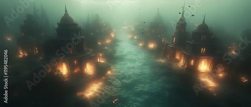 Mystical fog-shrouded city on water, illuminated by warm lights. photo