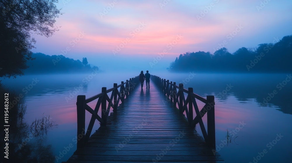 Fototapeta premium Serene Morning Romance on a Misty Lake Bridge