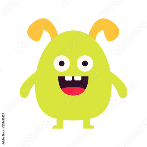 Cute green monster icon. Happy Halloween. Cartoon kawaii funny boo character. Colorful silhouette monsters. Funny face. Eyes, teeth ears, hands. Flat design. Childish style. White background. Vector