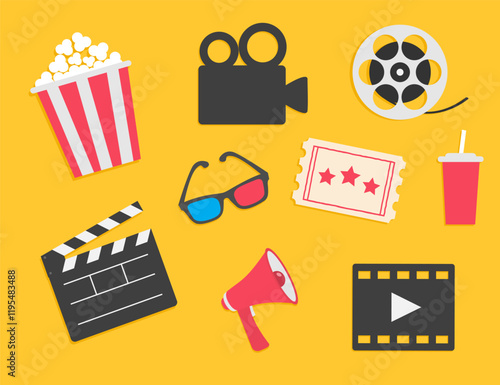 Cinema icon set. Popcorn box Movie reel Open clapper board Ticket Admit one three stars. Soda glass straw, camera, 3d glass, loud speaker, film strip. Simple Flat design. Yellow background. Vector