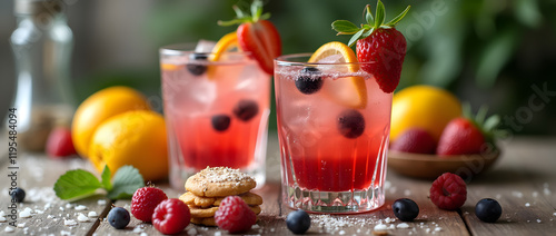 Fresh delicious cocktails with berries and sweets on the table. photo