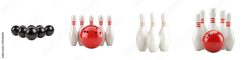 Three groups of bowling pins and balls, featuring black balls on the left, a red ball in the center, and white pins on the right. Three groups of bowling pins and balls, featuring black balls on the left, a red ball in the center, and white pins on the right.