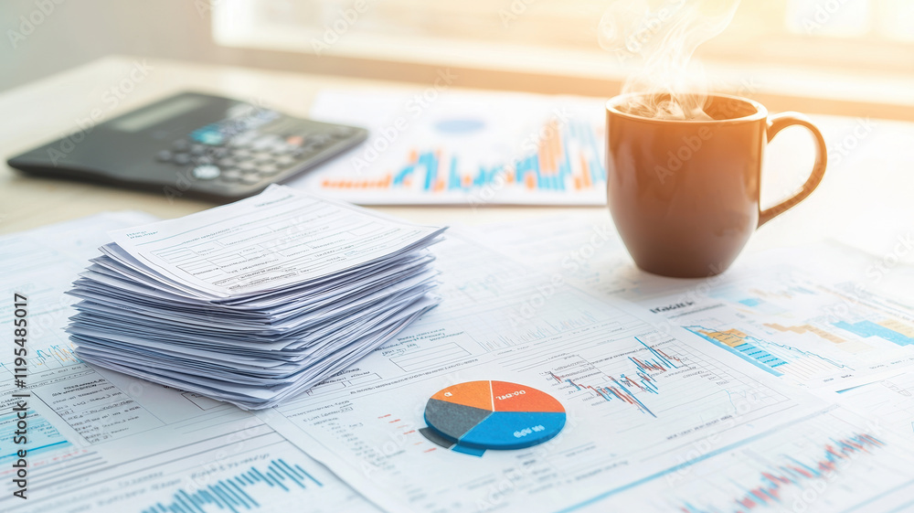 stack of completed tax forms on desk with calculator and coffee cup. scene conveys sense of organization and productivity in financial workspace stack of completed tax forms on desk with calculator and coffee cup. scene conveys sense of organization and productivity in financial workspace