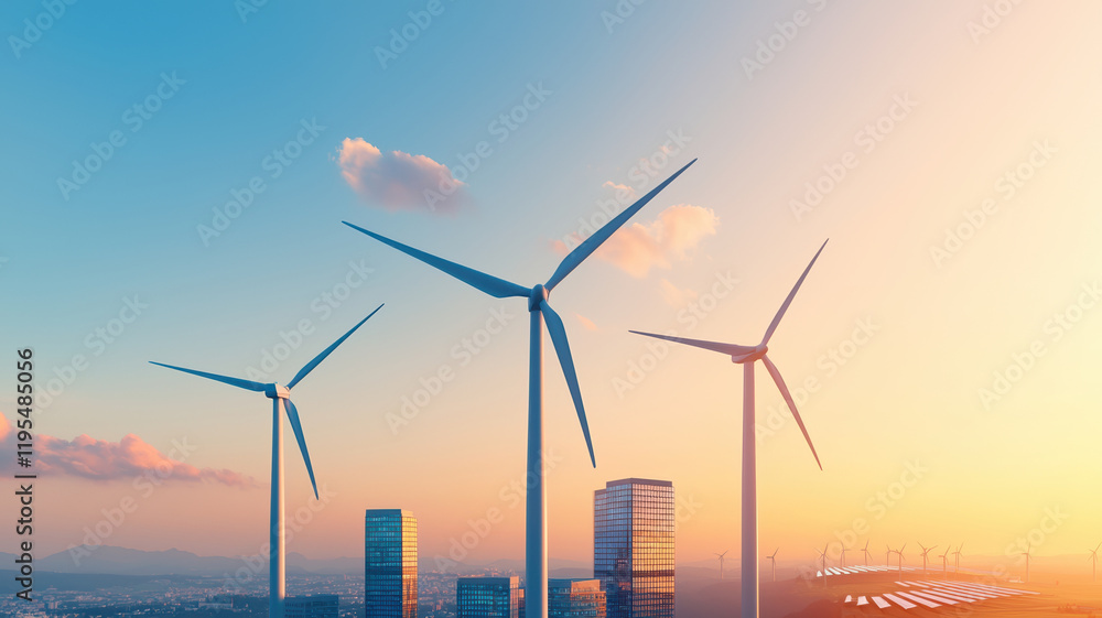Obraz premium Sustainable cityscape featuring wind turbines and modern buildings at sunset, showcasing renewable energy and eco friendly architecture