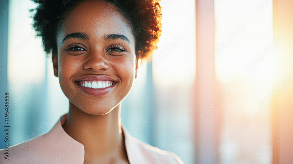 Obraz premium Joyful young woman smiling in sunlight urban office portrait