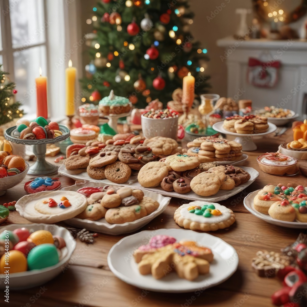 A festive holiday cookie exchange table with colorful treats and decorations, winter treats, dessert buffet , Christmas desserts A festive holiday cookie exchange table with colorful treats and decorations, winter treats, dessert buffet , Christmas desserts