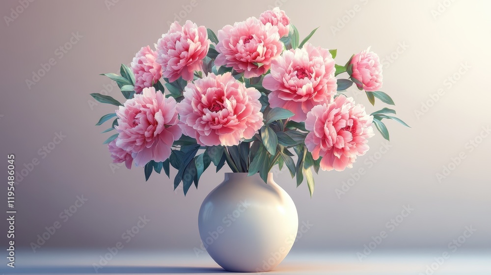 Elegant pink peonies in white vase on soft gradient background Elegant pink peonies in white vase on soft gradient background
