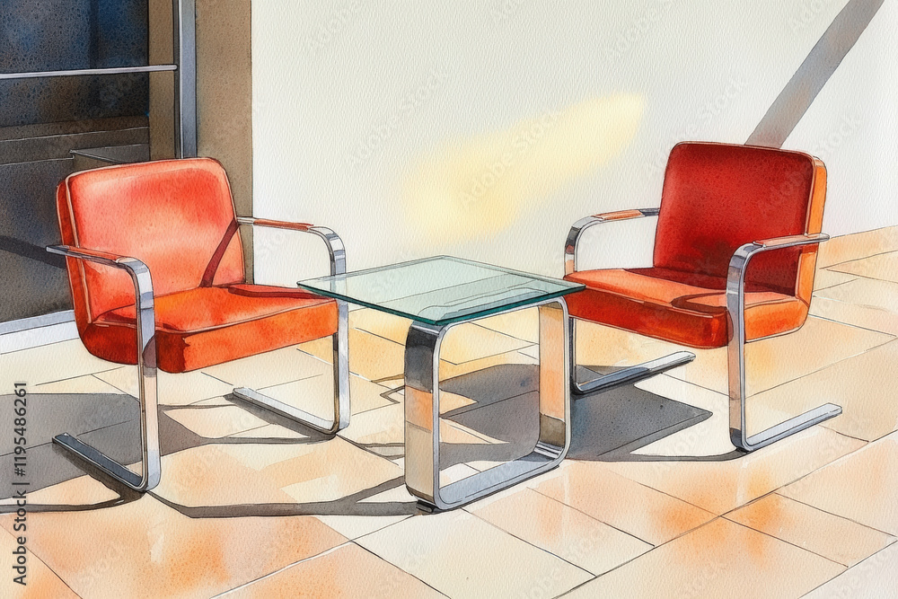 Obraz premium vibrant watercolor illustration of modern dining area featuring retro chairs and glass table, evoking cozy atmosphere