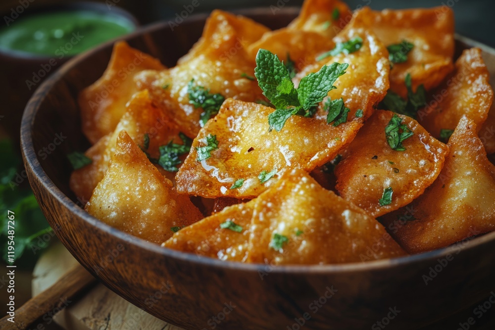 Golden Crispy Samosas with Mint Chutney on Rustic Plate - Indian Street Food Delight Golden Crispy Samosas with Mint Chutney on Rustic Plate - Indian Street Food Delight