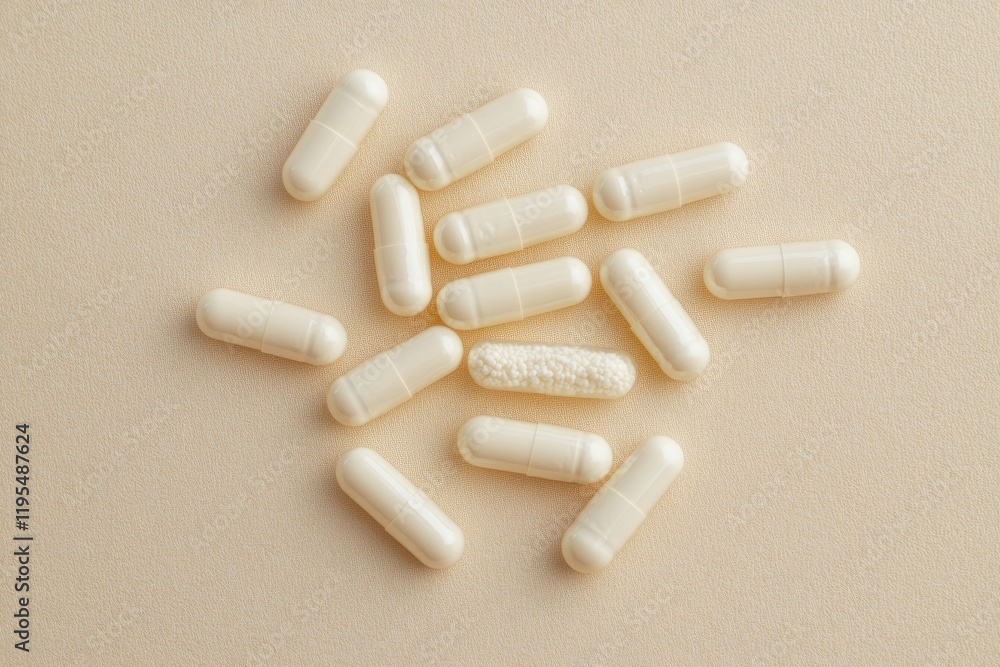 Scattered Capsules Of White Medicine On Beige Surface Scattered Capsules Of White Medicine On Beige Surface
