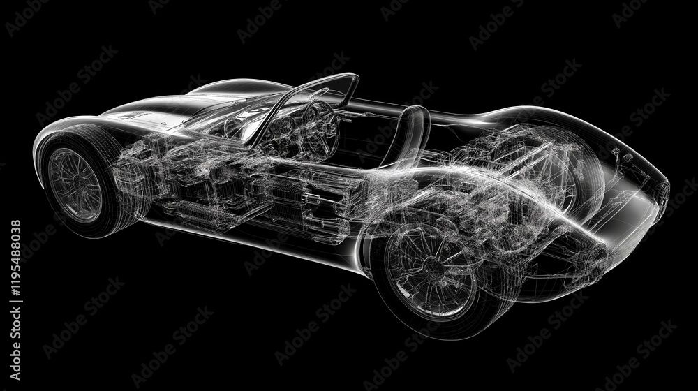 Naklejka premium Detailed rendering of a transparent sports car showcasing internal components and engineering design
