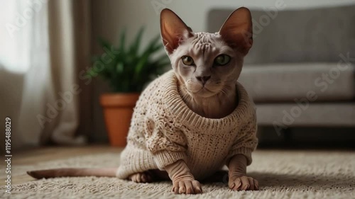 A sphynx cat is featured wearing a knitted sweater. photo