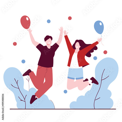 Happiness - happy young man and woman jumping in the air cheerfully. Modern flat vector concept illustration of a happy jumping and dancing person. Feeling and emotion concept