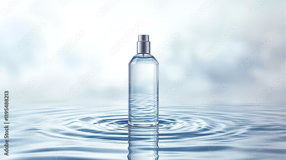 The bottle standing on a water-like surface with ripples and reflections, paired with a misty or soft gradient background The bottle standing on a water-like surface with ripples and reflections, paired with a misty or soft gradient background
