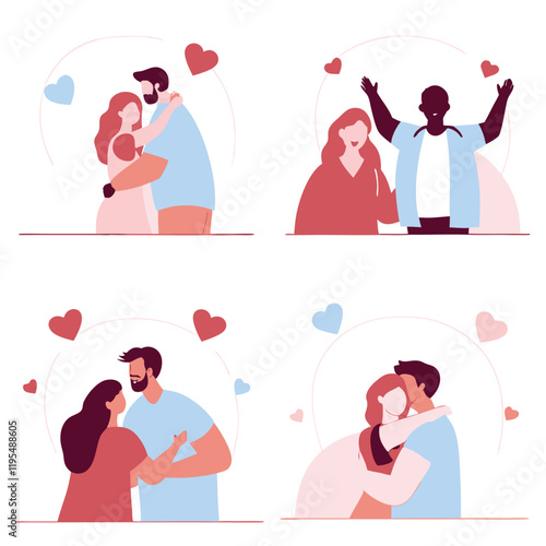 People in love collection. Vector cartoon flat illustration of diverse cartoon young people in different actions of happiness and love sharing
