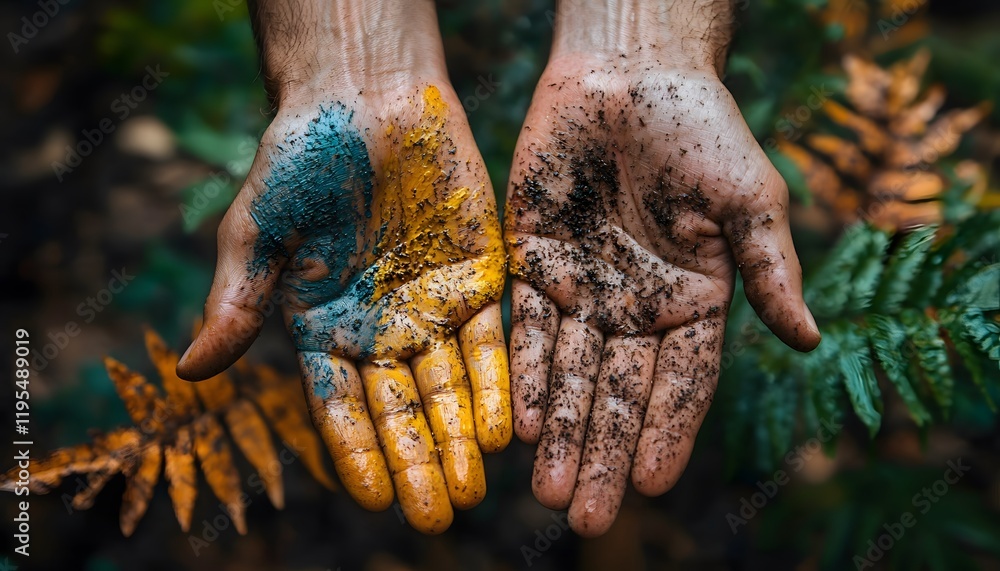 Colorful Hands with Paint and Dirt Representing Art, Nature, and Creative Expression in a Serene Forest Environment Colorful Hands with Paint and Dirt Representing Art, Nature, and Creative Expression in a Serene Forest Environment