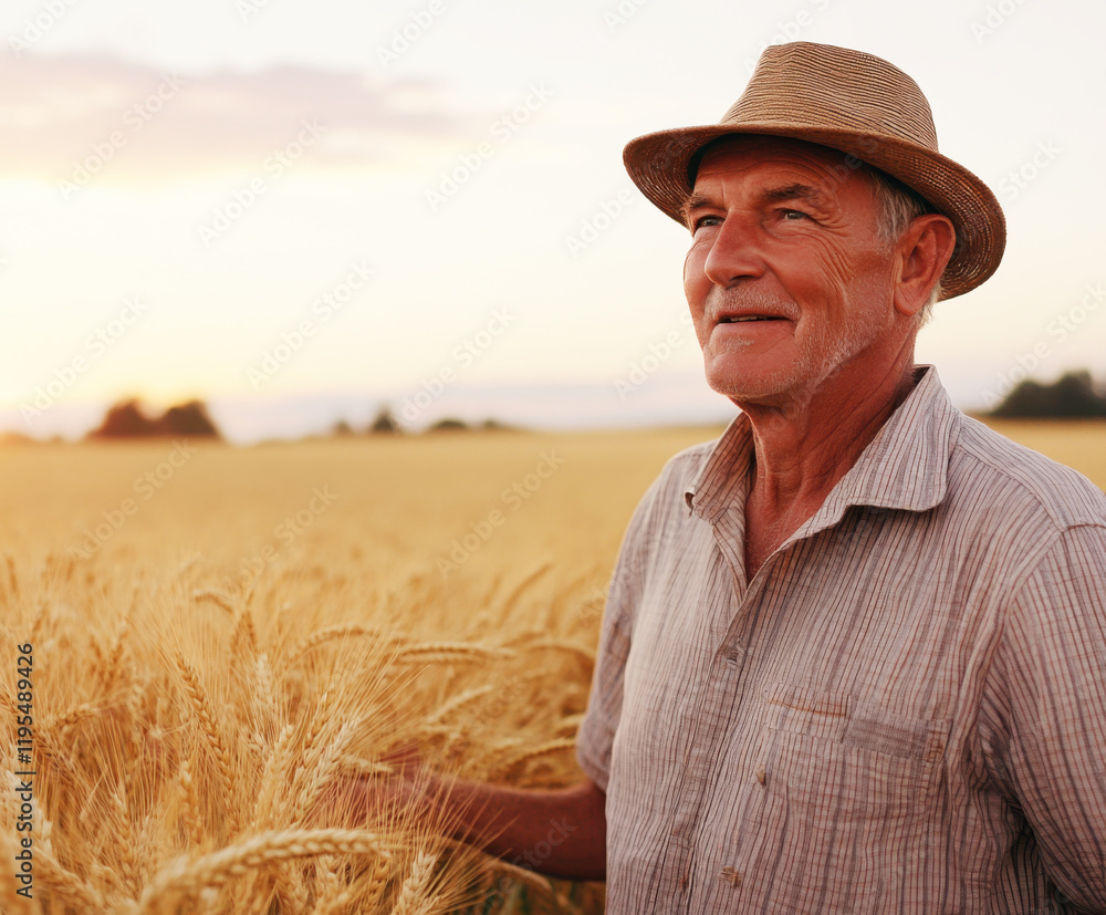 Elderly farmer enjoying a golden wheat field at sunset, reflecting on a life dedicated to agriculture Elderly farmer enjoying a golden wheat field at sunset, reflecting on a life dedicated to agriculture