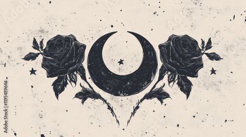 Dark roses, crescent moon, grunge texture, celestial design, tattoo art photo