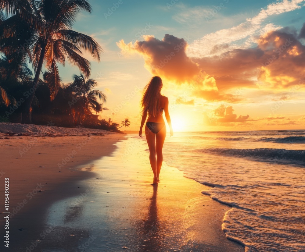 Woman walking along a beach at sunset, with palm trees and vibrant sky and ocean waves in the background Woman walking along a beach at sunset, with palm trees and vibrant sky and ocean waves in the background