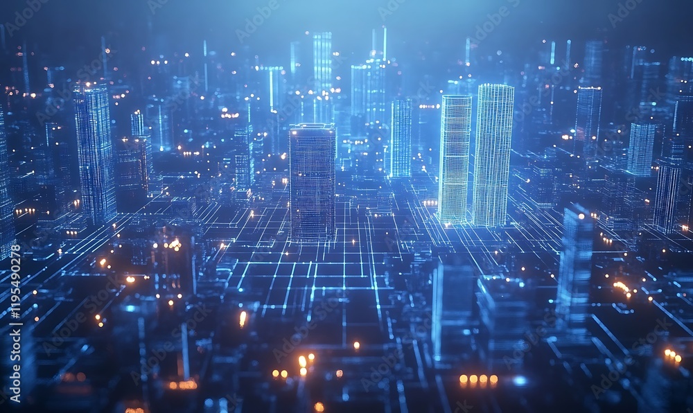 A futuristic visualization with blue and white lines forming complex patterns over a city A futuristic visualization with blue and white lines forming complex patterns over a city