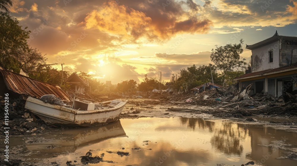 Fototapeta premium Aftermath of a Disaster: A Boat Rests Amidst Debris Under a Sunset Sky