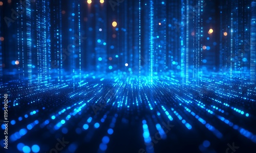 A futuristic visualization with blue and white lines forming complex patterns over a city