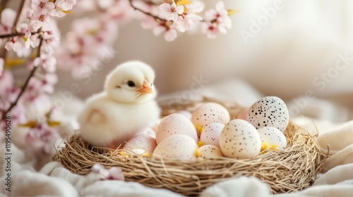 Cute chick beside colorful eggs in a nest surrounded by cherry blossom branches indoors during springtime