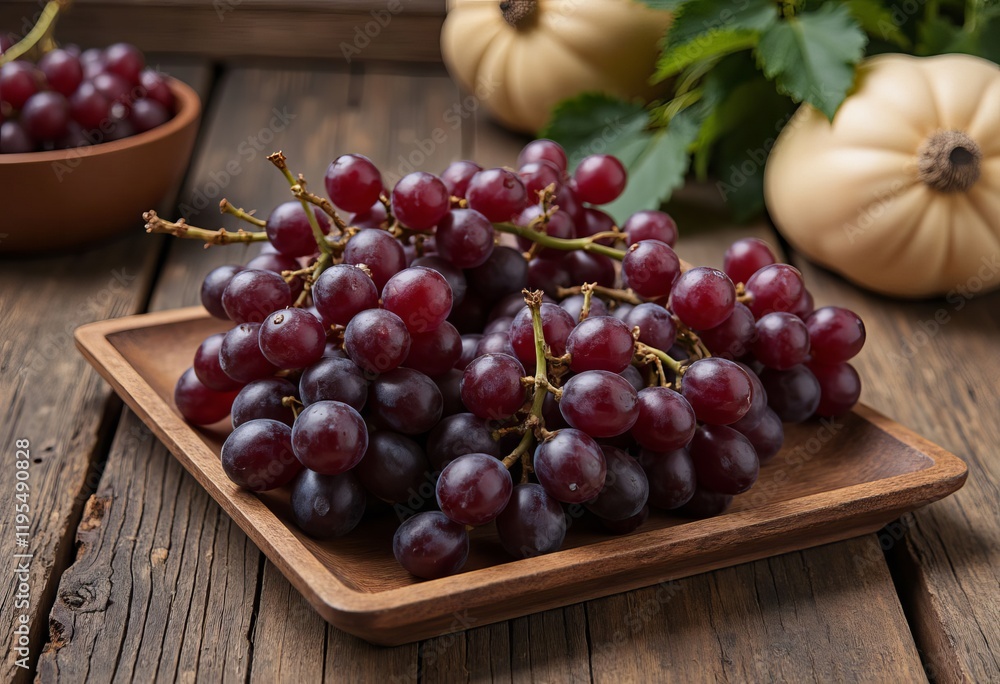 Red grapes on wood tray with butternut squash behind Red grapes on wood tray with butternut squash behind