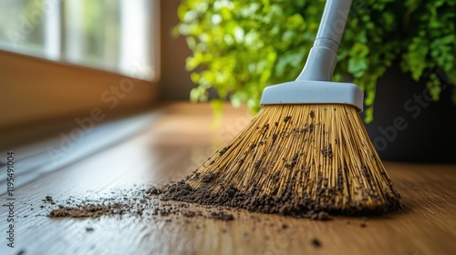 Wallpaper Mural Sweeping up dirt and debris on a wooden floor in a bright indoor space filled with greenery Torontodigital.ca