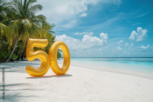 Celebrating a milestone birthday on a beautiful beach with golden balloons by the ocean