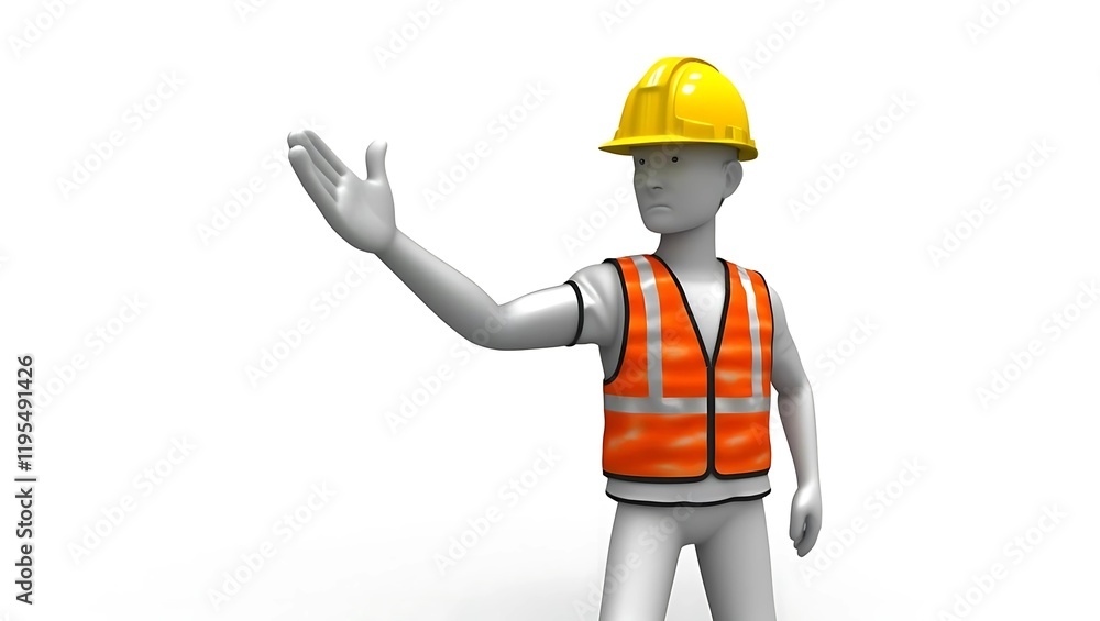 3d small people, worker in a helmet at a stop pose 3d small people, worker in a helmet at a stop pose