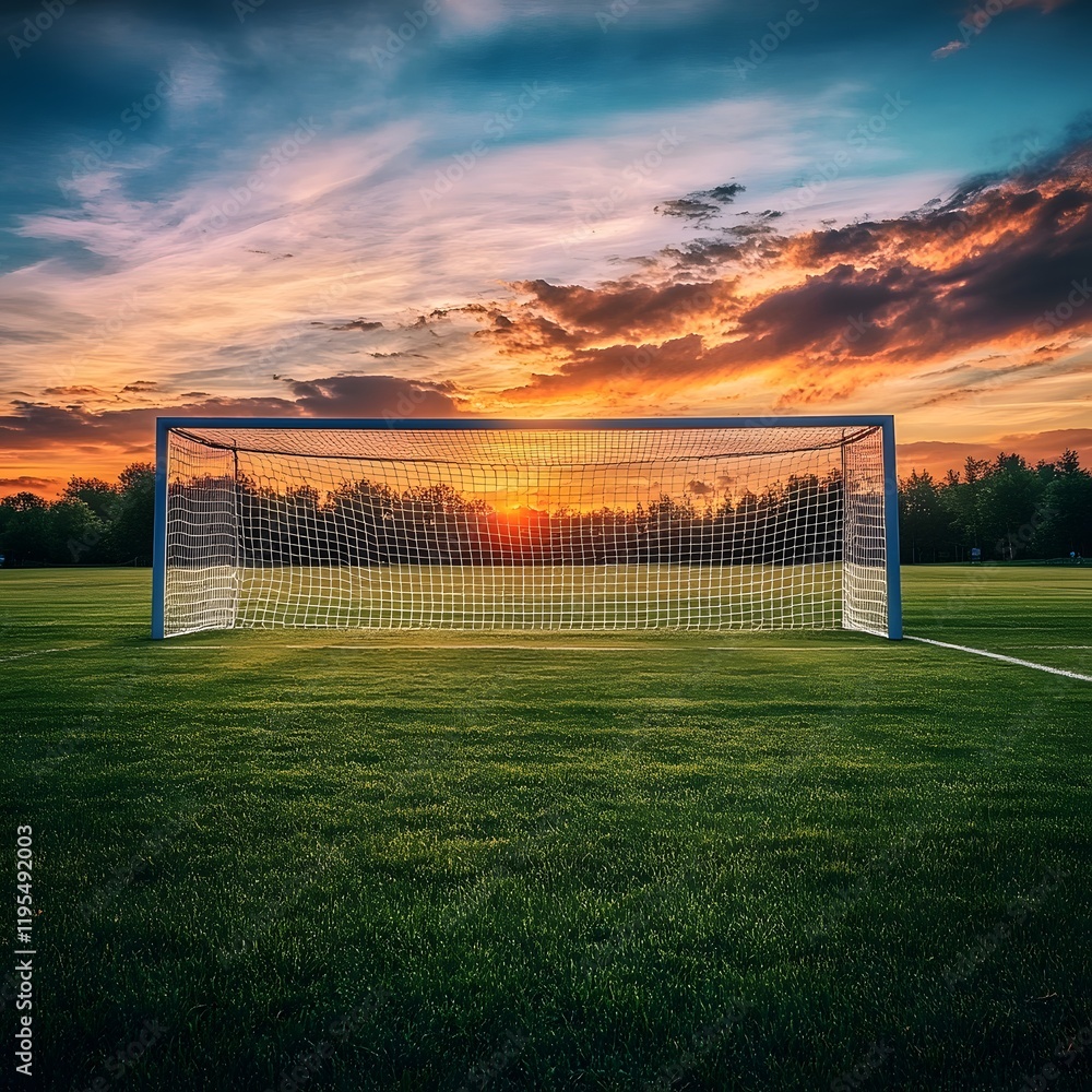 Fototapeta premium Dramatic sunset over soccer field with large goal net as backdrop