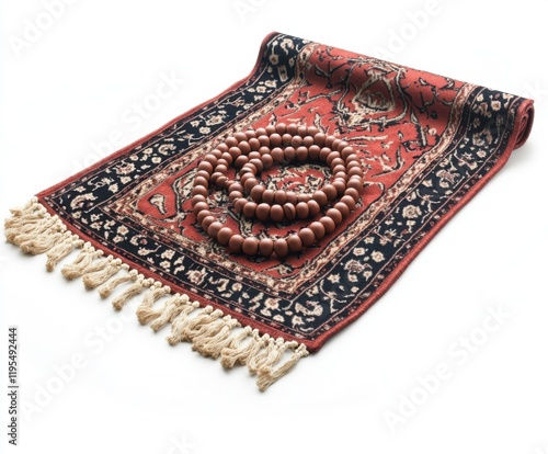 Beautifully crafted red and black rug adorned with prayer beads for meditation and spiritual practices photo