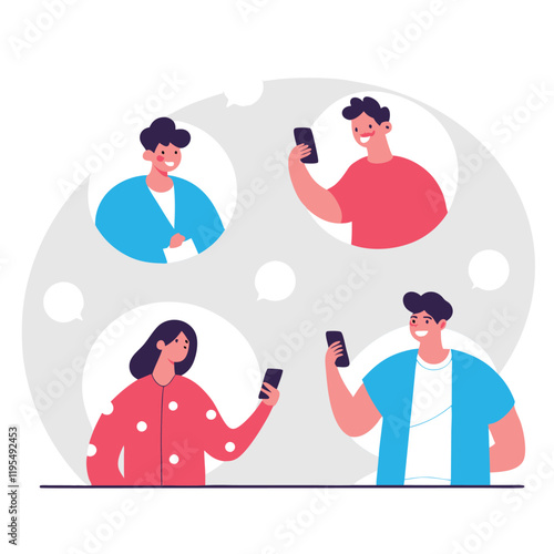 People use smart phones set. Young characters communicate at video call, texting, listening to music in apps and social media. Teenagers send messages. Cartoon flat vector