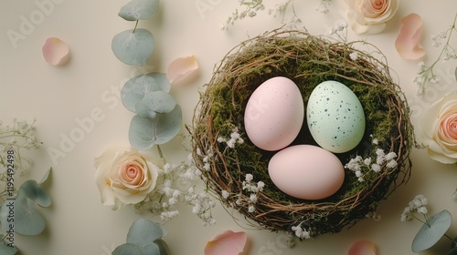 Nest filled with pastel eggs surrounded by delicate flowers on a light background during springtime celebration
