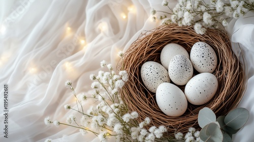 Decorative white eggs nestled in a natural nest surrounded by delicate flowers and soft fabric