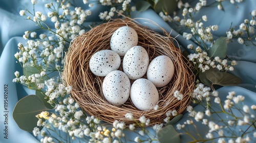 Beautifully arranged speckled eggs in a nest surrounded by delicate flowers on a soft fabric backdrop
